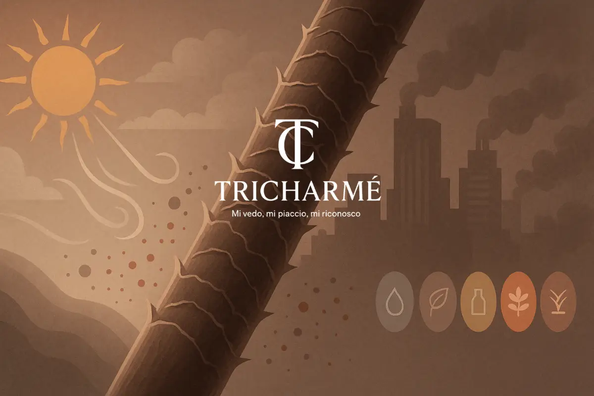 Fattori-ambientali-danni-capelli - Tricharme - Tricharme Illustrazione macro del fusto con cuticole sollevate, danneggiate da UV e smog – Fattori ambientali e danni ai capelli | Tricharmé Torino