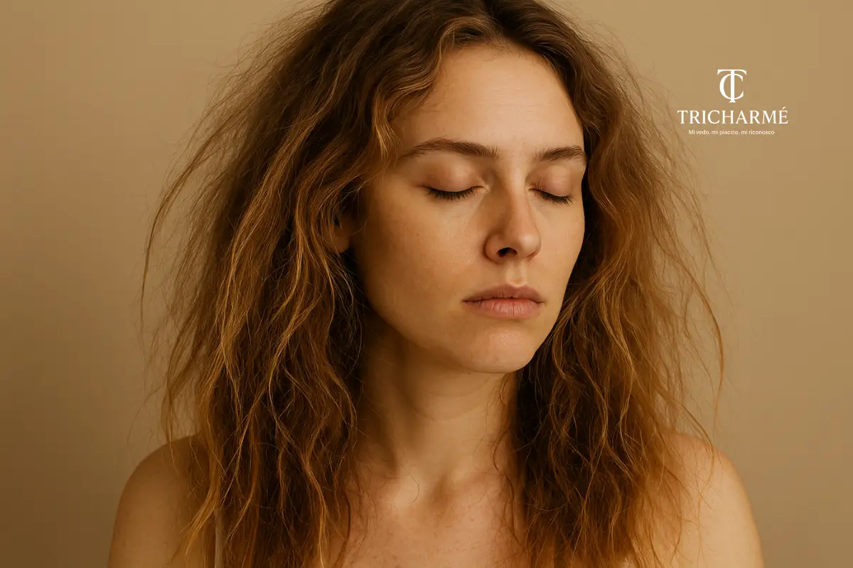 capelli-secchi - Tricharme - Tricharme Donna con capelli secchi e crespi a occhi chiusi, su sfondo beige, espressione preoccupata