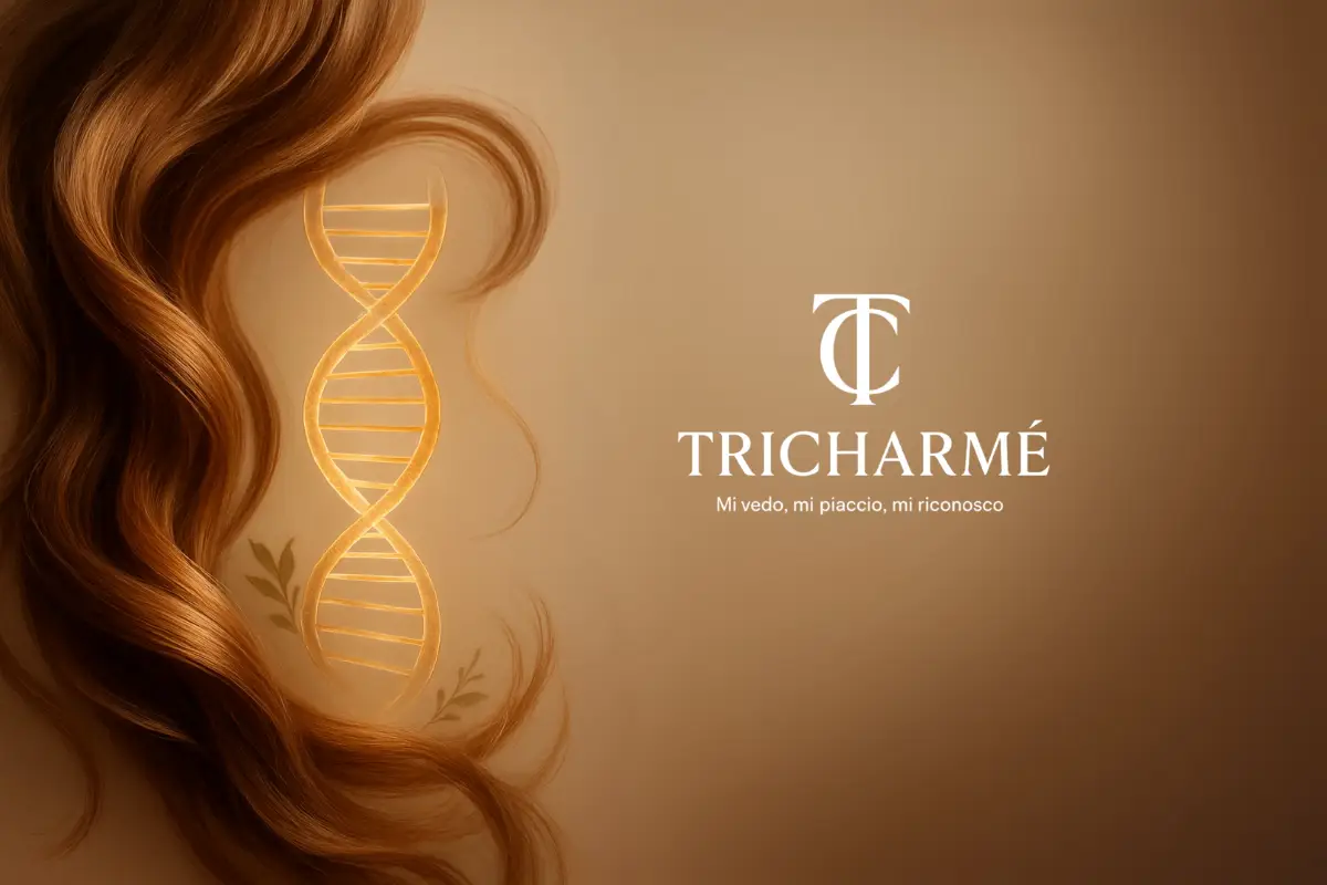 ruolo-genetica-caratteristiche-capelli - Tricharme - Tricharme Ciocche di capelli fluenti che si intrecciano con una doppia elica di DNA su sfondo beige dorato, a evocare il legame fra genetica e salute capillare.