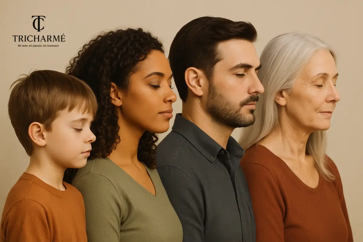 Salute-dei-capelli-ed-età - Tricharme - Tricharme Persone di età e generi diversi in fila laterale, fotografate in studio con luce morbida, per rappresentare l’evoluzione della salute dei capelli nel corso della vita.